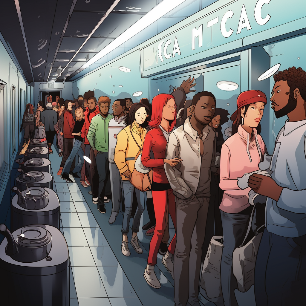Cartoon image of long bathroom lines in a NYC bar