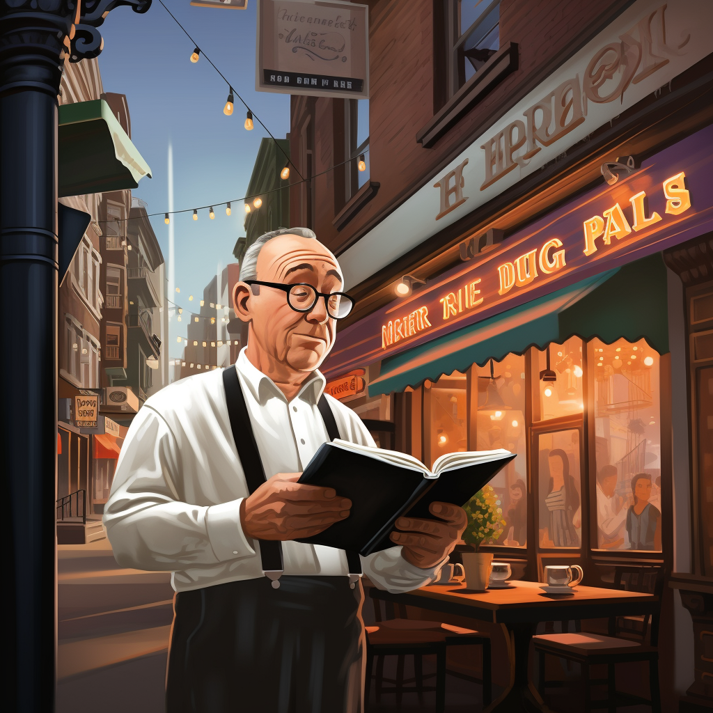 Cartoon of a restaurant owner standing outside his Brooklyn bar reading plumbing regulations