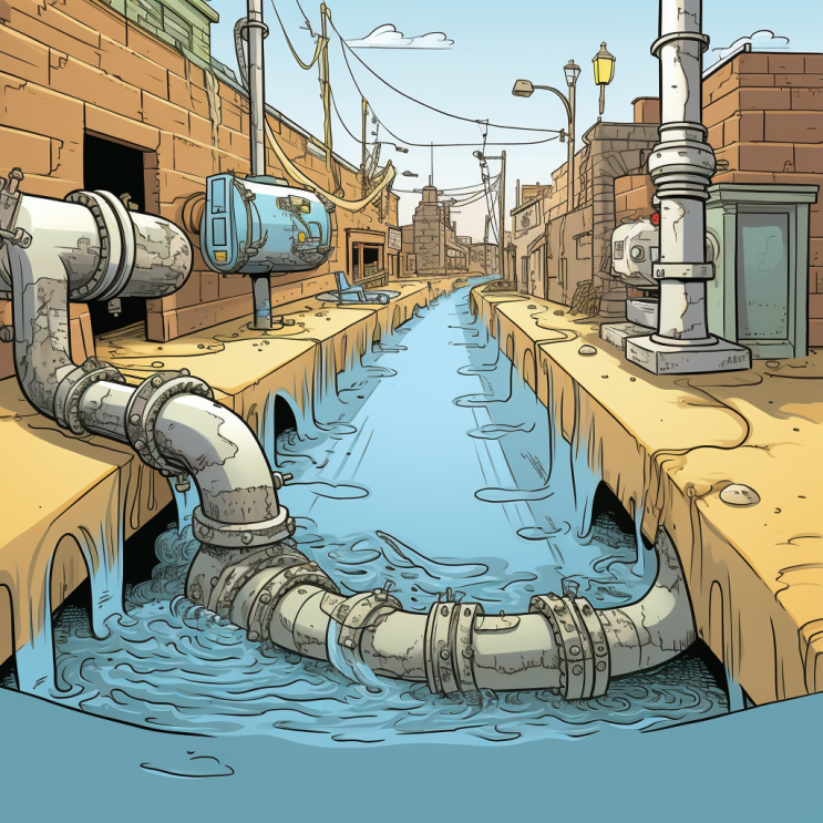 AI Rendering of a cartoon image with piping and check valves keeping flood water out of the buildings and in the sewer mains.