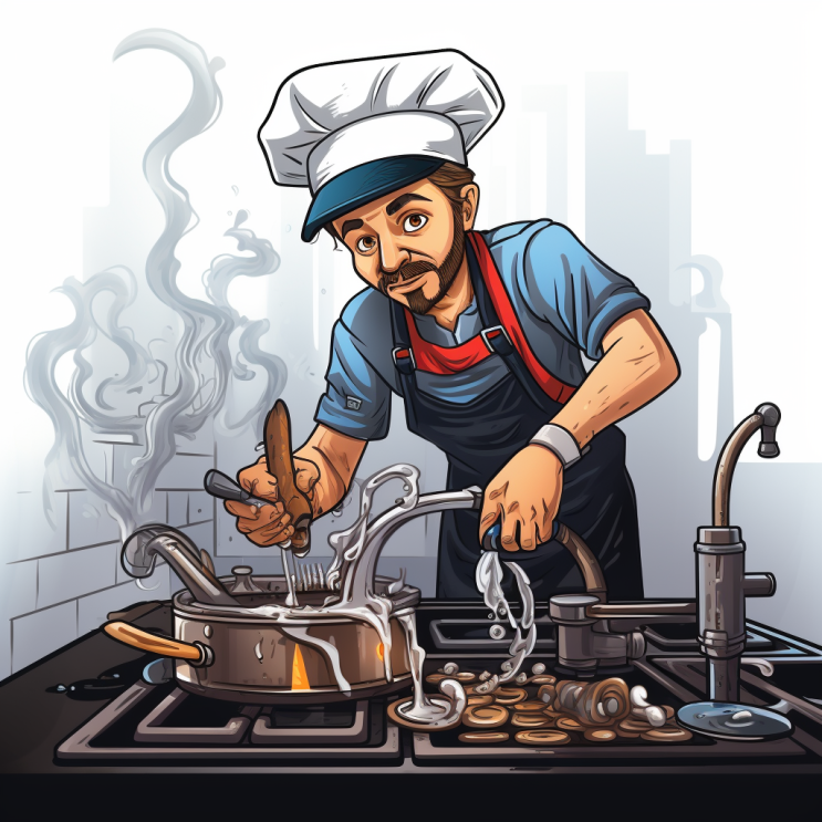 Cartoon of a chef working on plumbing / cooking