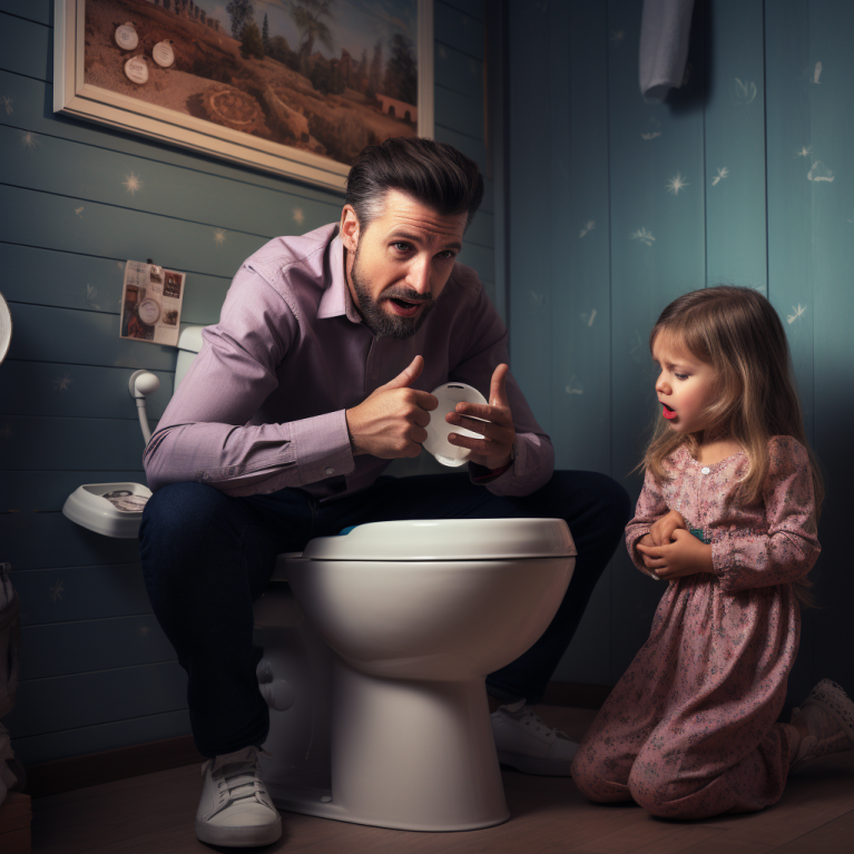 Father Teaching Daughter What Can and Cannot Be Flushed Down Toilet to Avoid Clogs