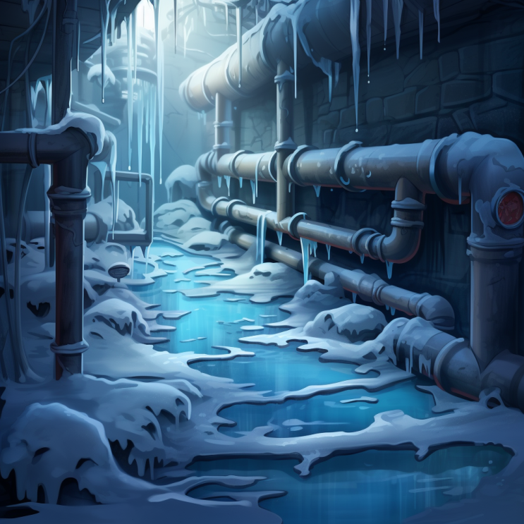 Cartoon image of pipes frozen with snow over a pool of water caused by the flooding.