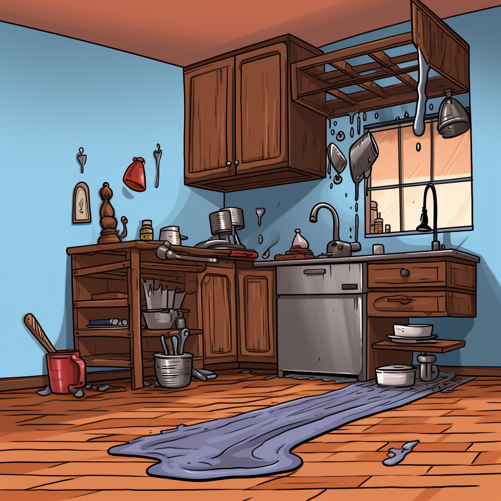 Leaky pipes causing a flood in a kitchen - cartoon