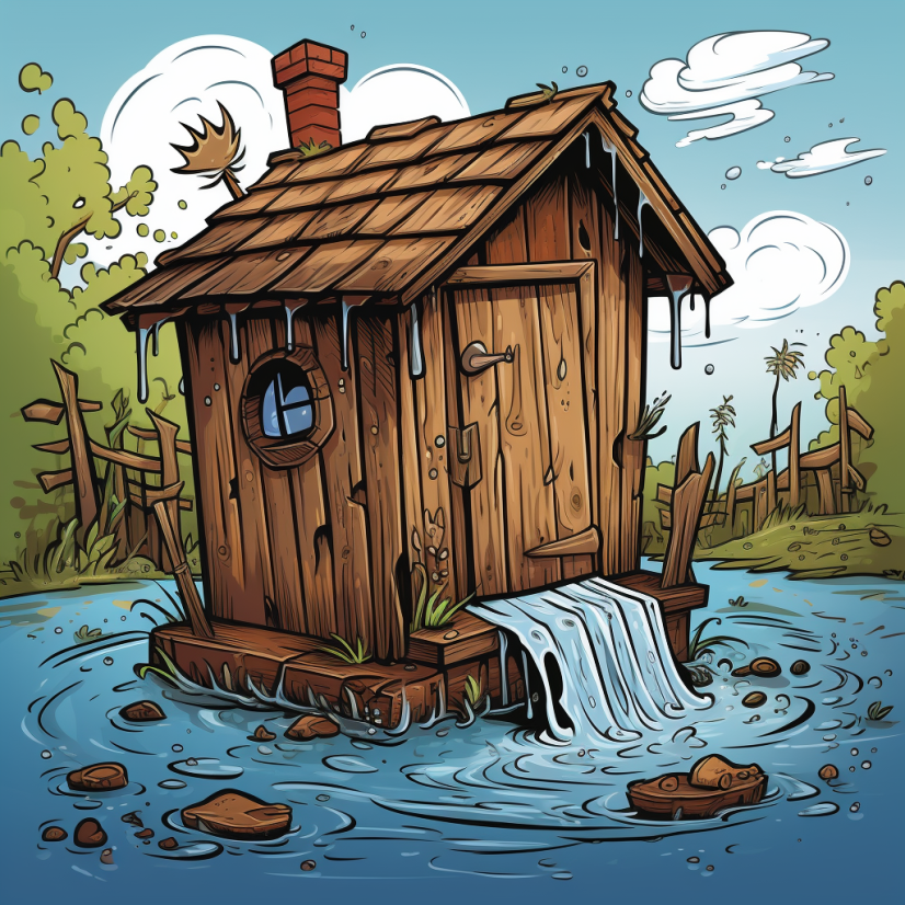 Cartoon of an outhouse overflowing with water from a running toilet