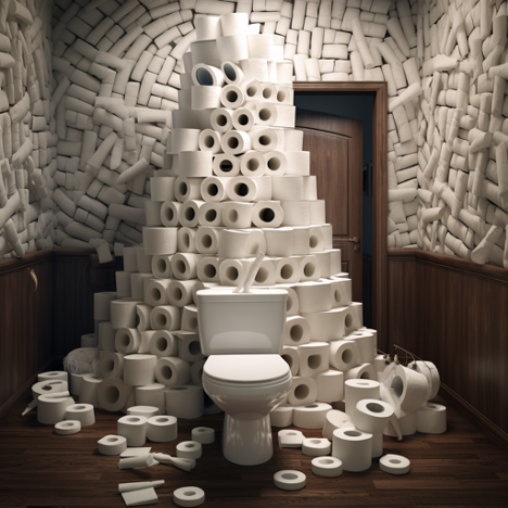 Toilet with a wall of toilet paper surrounding it and walls made of toilet paper