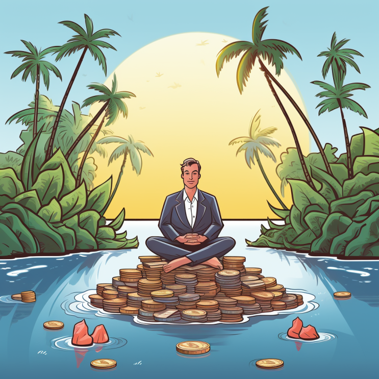 Peaceful cartoon of a person sitting on the money they saved by preventing flooding in their buildings - it is an island of money protected by a check valve.