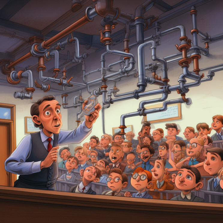 Cartoon of a professor working with pipes in a lecture hall full of students.