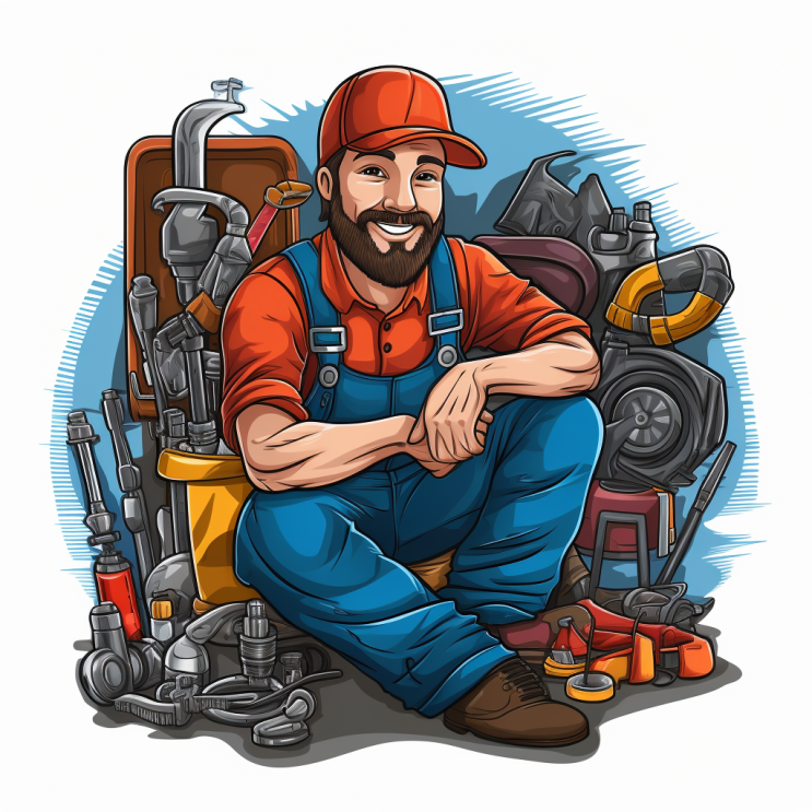 Cartoon of a plumber with ai generated plumbing tools surrounding.