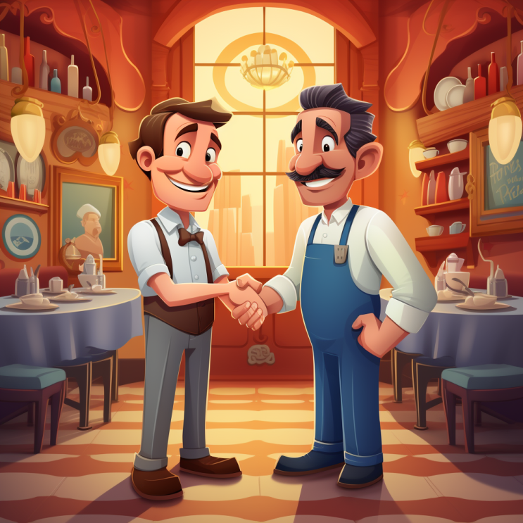 Cartoon of a restaurant owner and plumber shaking hands as partners.