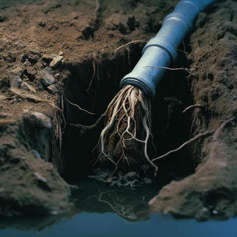 AI image of roots growing out of a sewer line.