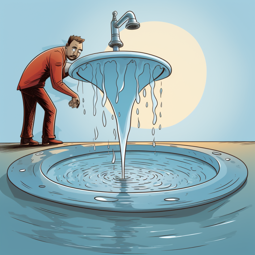 Abstract cartoon of a man standing next to a sink overflowing with water dripping down into a puddle vortex