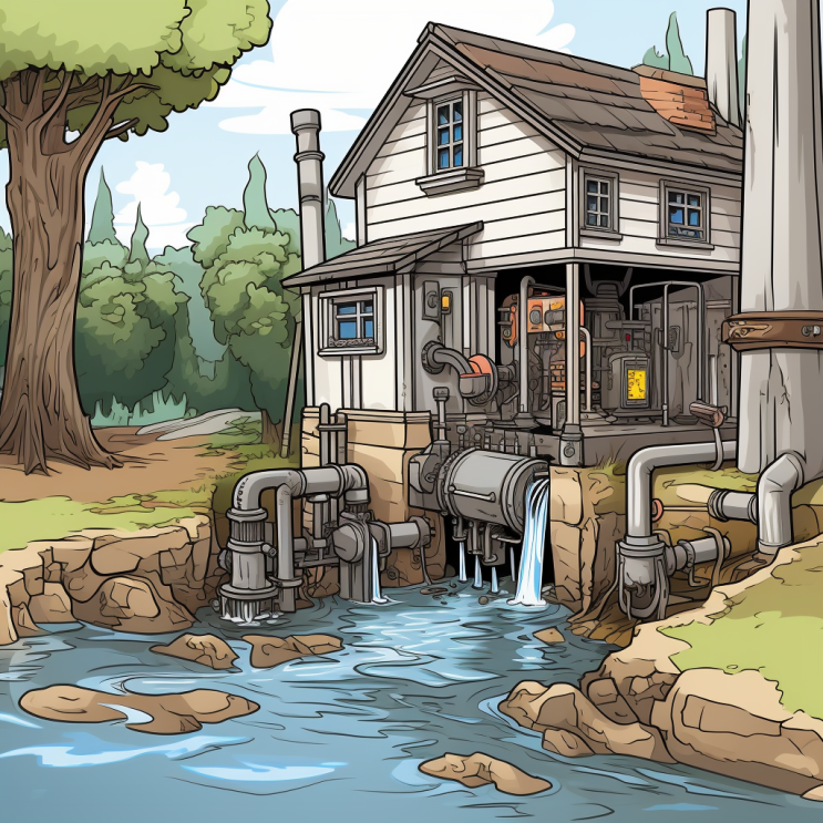 AI drawing of a house sitting above a river with plumbing equipment having the water flow outside of the house and into a river. AI representation of a sump pump.