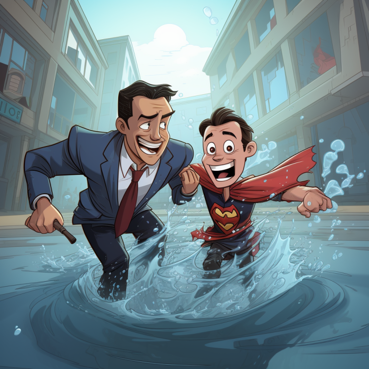 Superhero plumber cartoon with a property manager - tackling the plumbing issues of the day