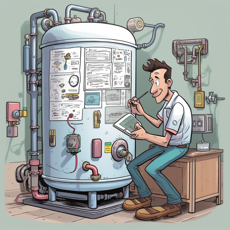 A cartoon drawing of a person performing their maintenance on their water heater to extend its life and maintain its safety.