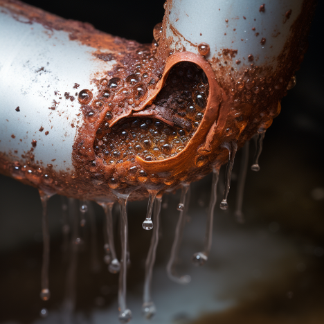 Hard water corroding pipe which has a hole in it with brown water dripping out