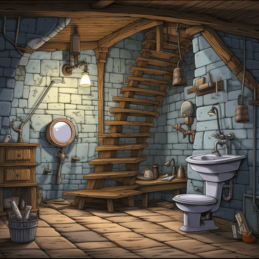 AI rendering of a basement bathroom in Brooklyn. Cartoon style.