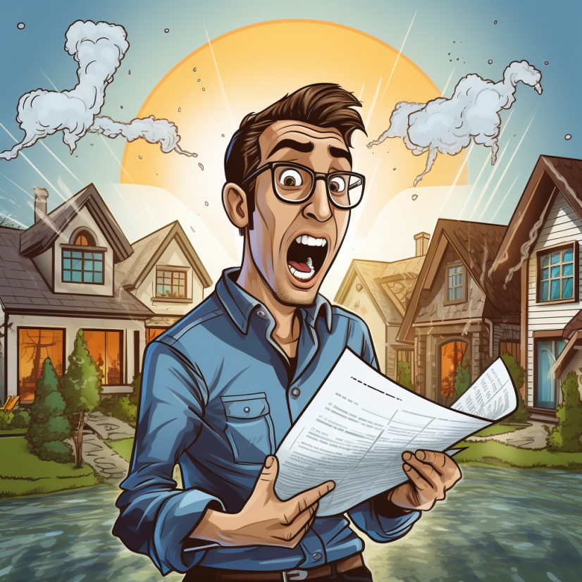 A cartoon image of a Brooklyn homeowner reacting to a high water bill due to a main water line issue