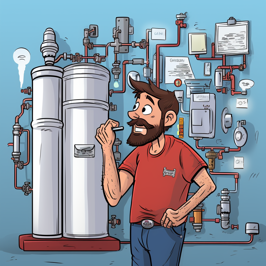 Cartoon of a Park Slope plumber looking at different water heater styles to make a recommendation to a home owner