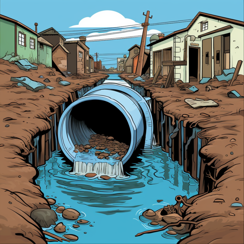 Brooklyn sewer main as rendered by AI - cartoon format of a large pipe between rows of houses.