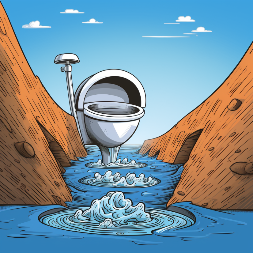 Cartoon of an overflowing toilet creating a canyon due to the water runoff.
