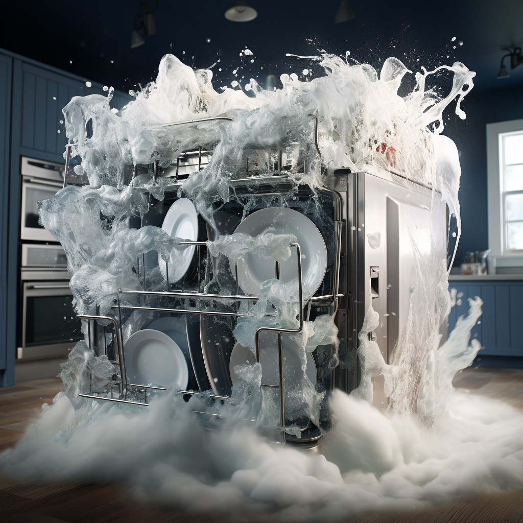 AI rendering of the inside of a dishwasher with water splashing everywhere and overflowing into the kitchen.