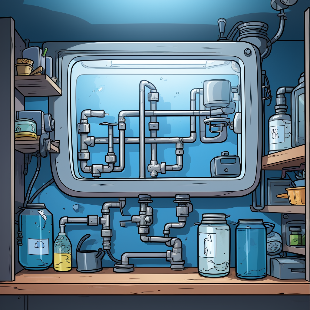 Cartoon image of a water filtration system generated by AI for our Brooklyn plumbing business