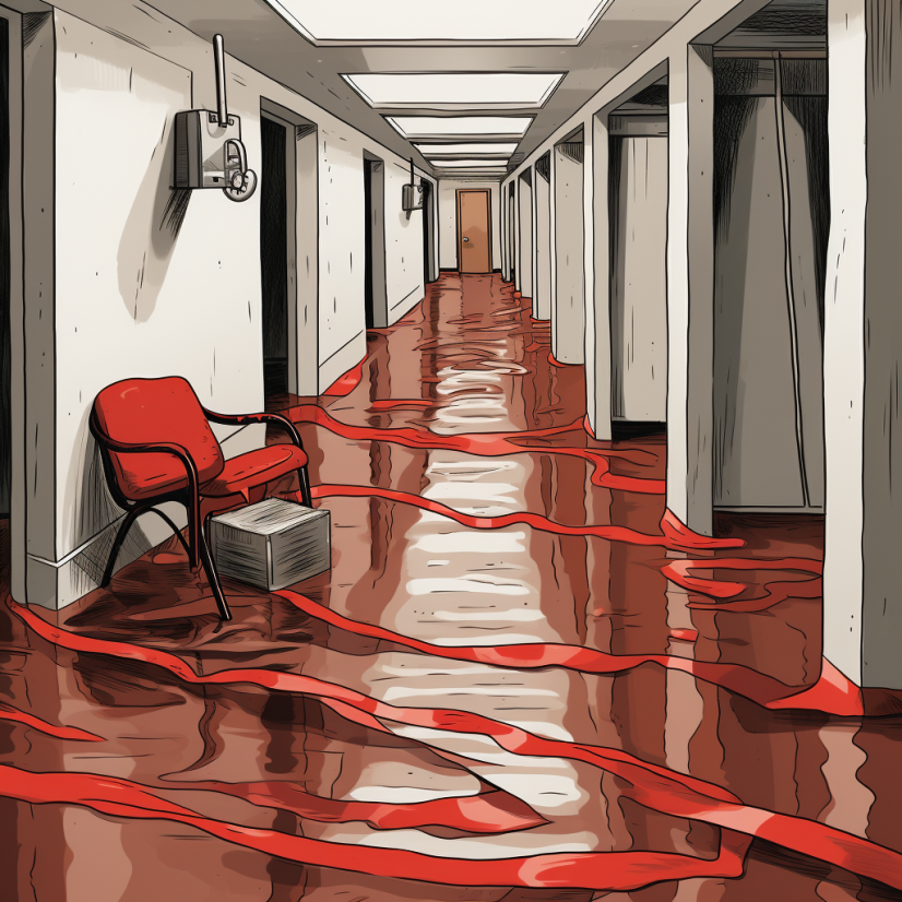 AI representation of the red tape for resolving basement floods in Brooklyn, NY. A cartoon of a flooded basement with red tape laying in the water.