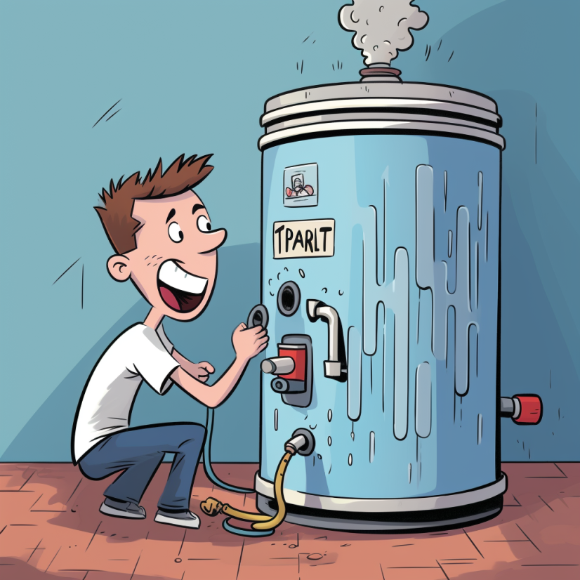 Brooklyn water heater being flushed by a homeowner. Cartoon rendering generated by AI.