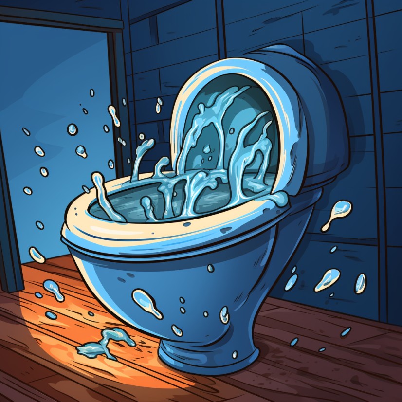 Cartoon of a toilet with water splashing up out of the bowl