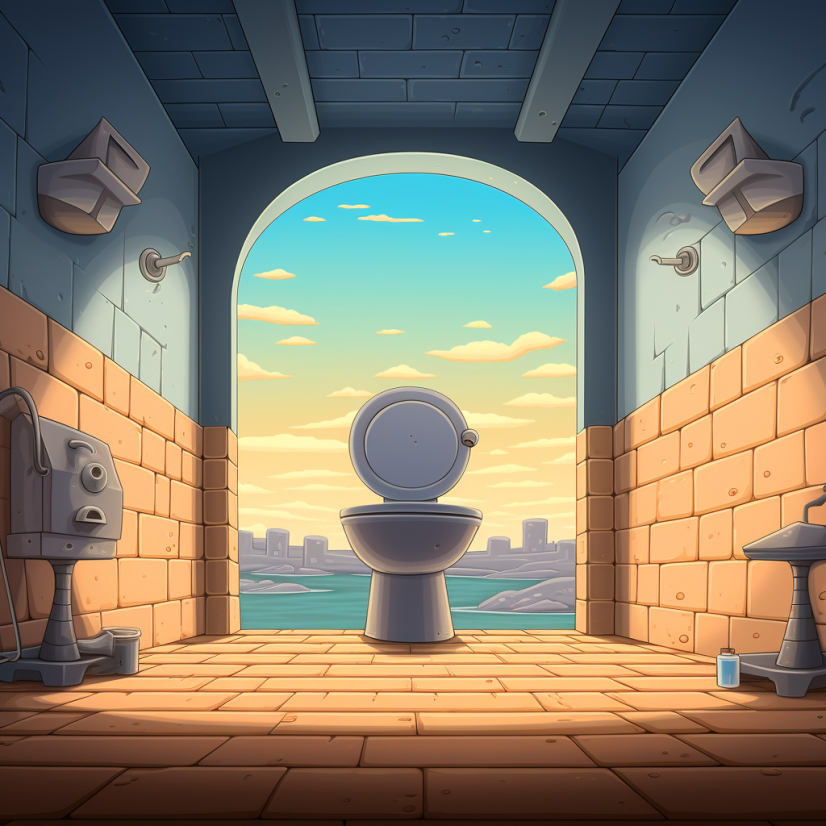 A cartoon of a toilet with a backdrop of water behind it. Put leaky toilets behind you and call CID Plumbing - Brooklyn's go to plumbers.