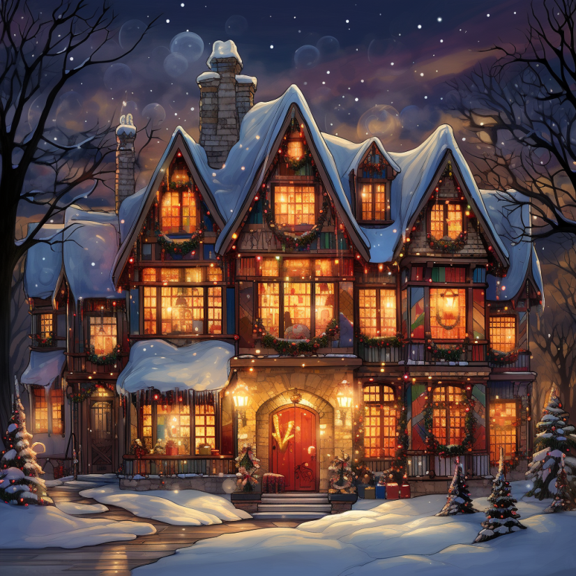 Cartoon of a beautiful home during the holidays.