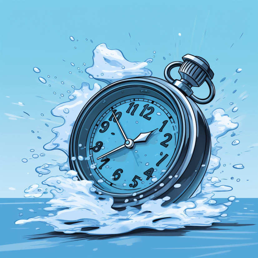 Cartoon of a stopwatch in ice cold water representing the long time it takes for hot water to get to Brooklyn residents.