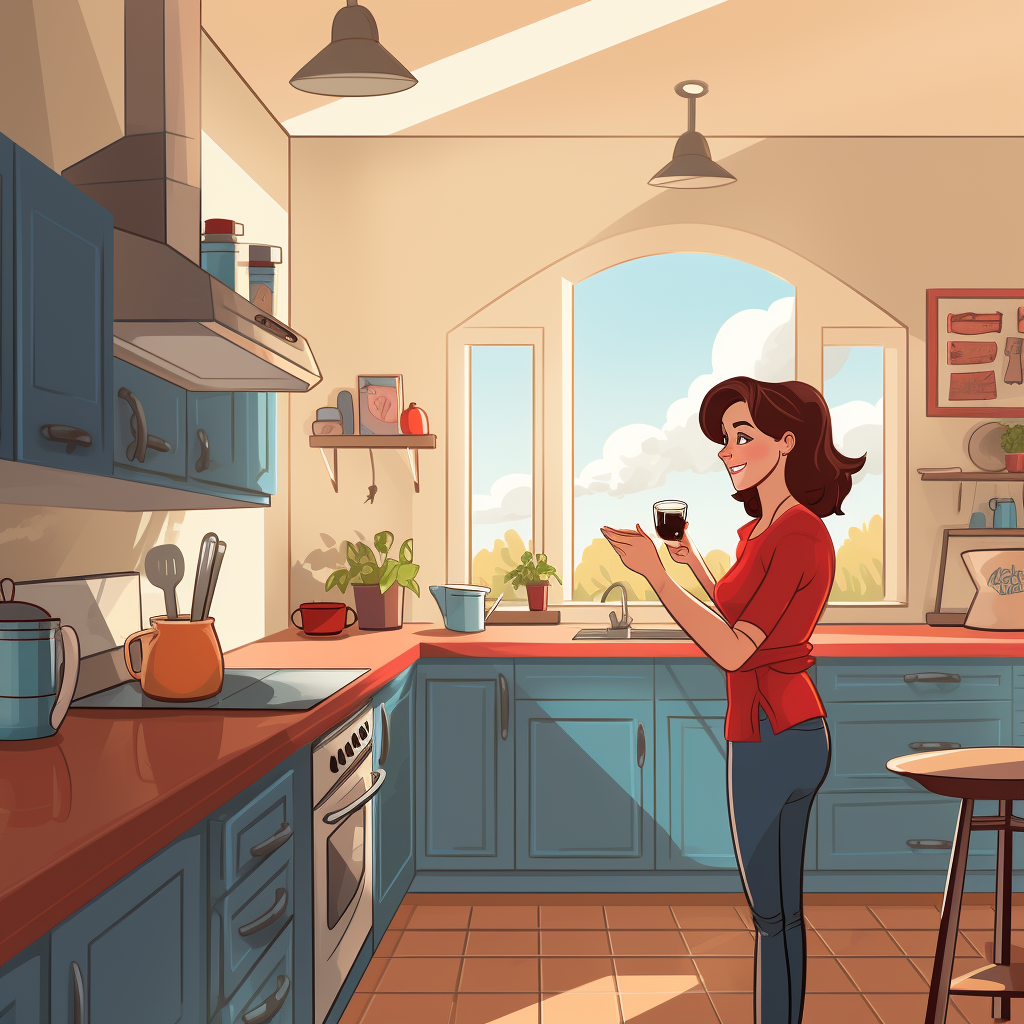 Cartoon of a homeowner in her brand new kitchen after considering plumbing best practices before designing her kitchen