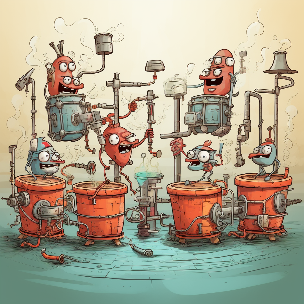 Cartoon of noisy pipes. The cartoon is a bunch of pipes sitting in water with loud looking gremlins.