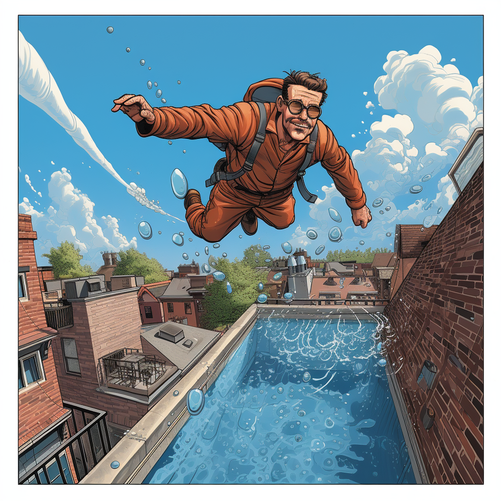 Cartoon of a plumber diving into a pool on a Brooklyn roof