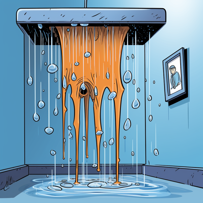 Brooklyn shower in need of a repair - an AI cartoon rendering of a large shower head dripping with mustard colored water