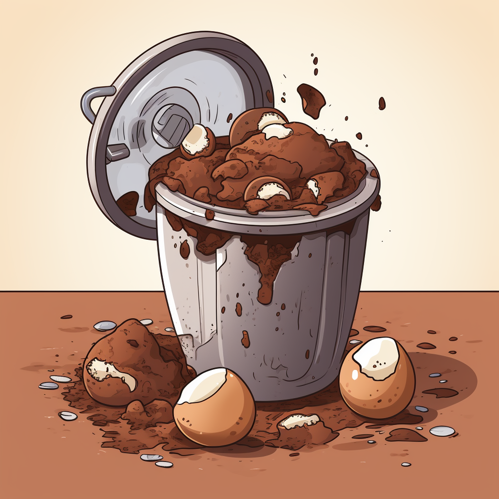 Cartoon of a garbage disposal with coffee grounds and eggshells in it.