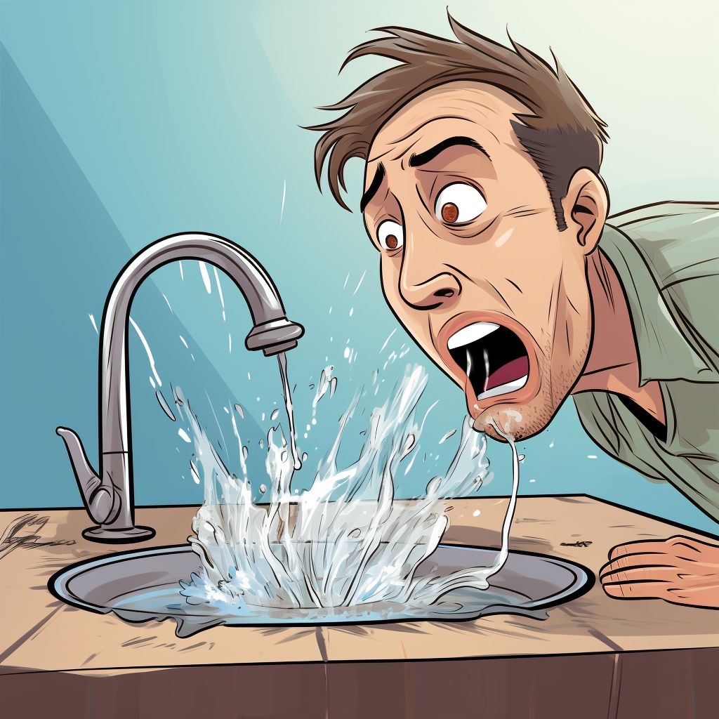 Cartoon of a homeowner in shock due to the horrible smells coming from his clean Brooklyn sink