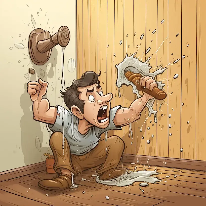 Homeowner reacting after accidentally puncturing a pipe in the wall