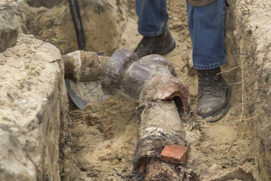 Damaged underground sewer pipe requiring repair in Brooklyn, NY